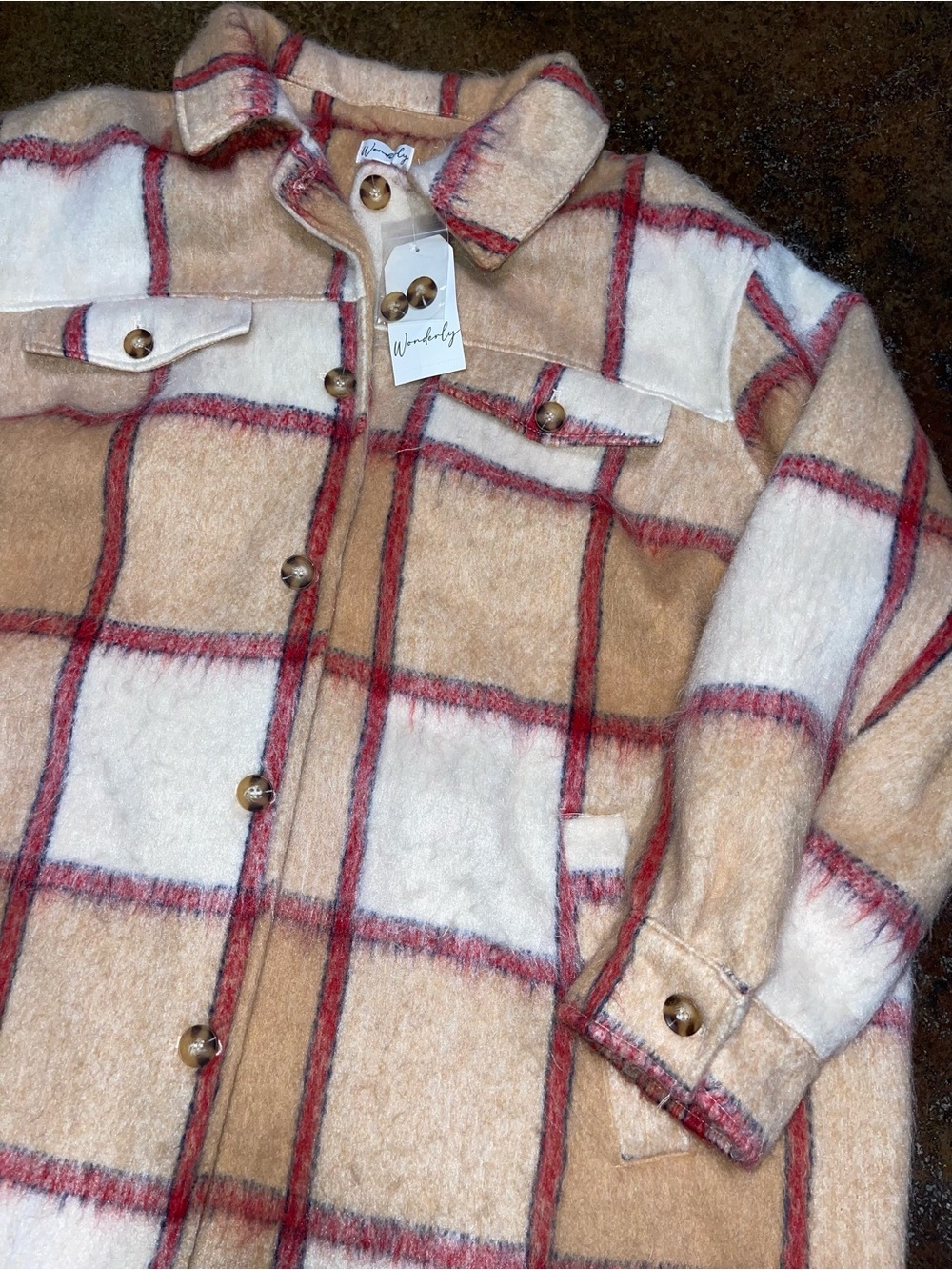 Wonderly Plus Size Beige and Red Plaid Shacket Jacket
